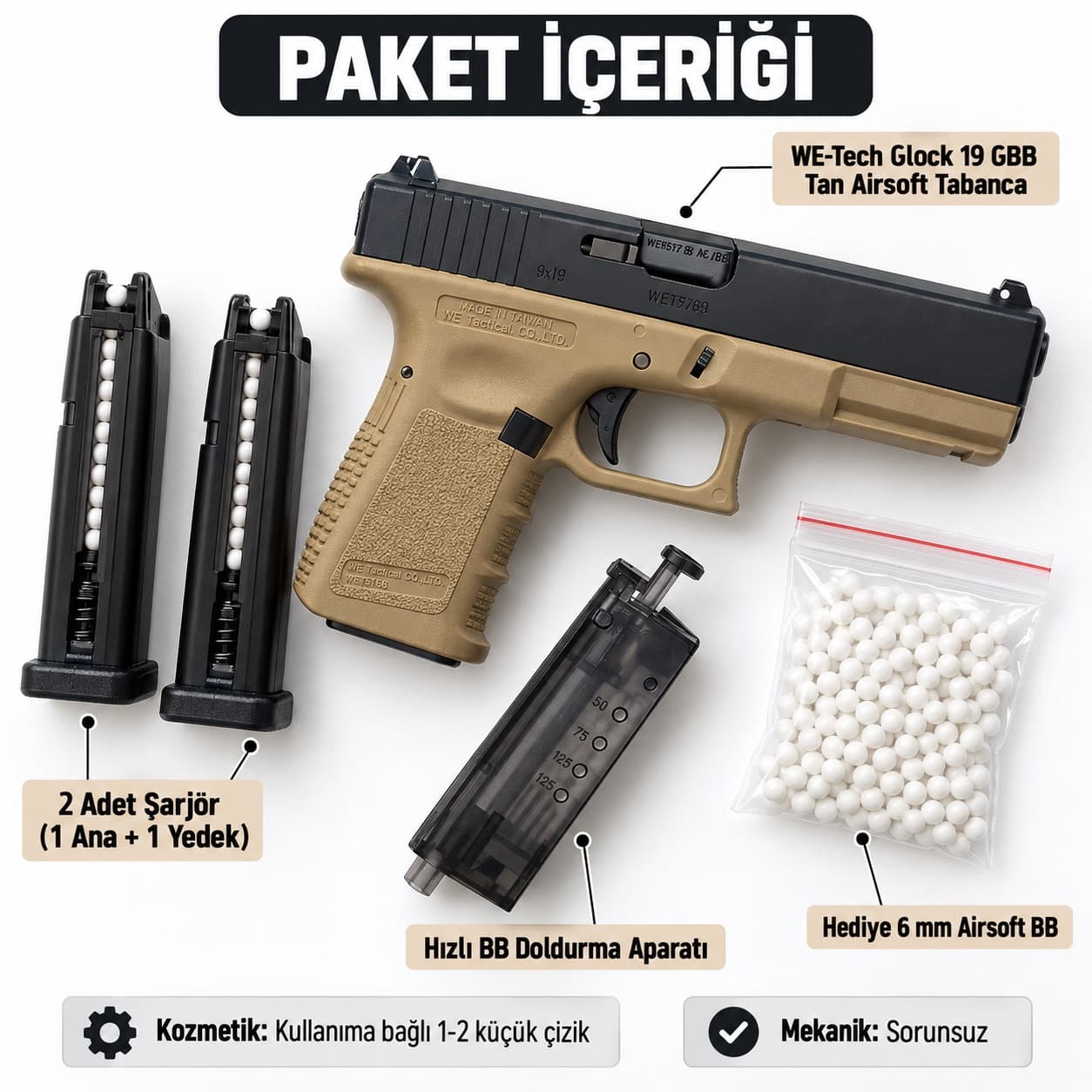 WE-Tech Glock 19 GBB Tan Airsoft – 2 Şarjör + Speedloader + BB Hediyeli - görsel 1